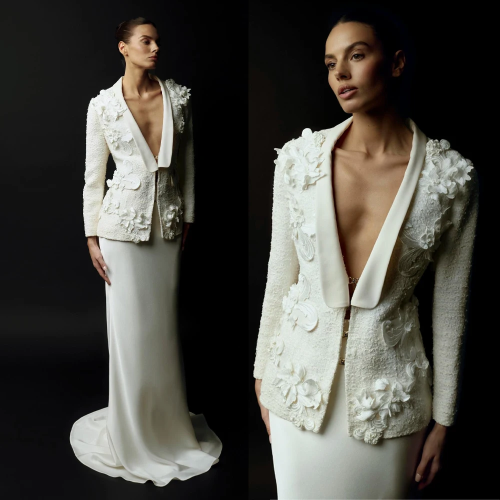 Women's Dresses Suit Gowns Appliques Sequins One Button Jacket Coat And Skirt For Female Satin 2 Pieces Suit Customized W731