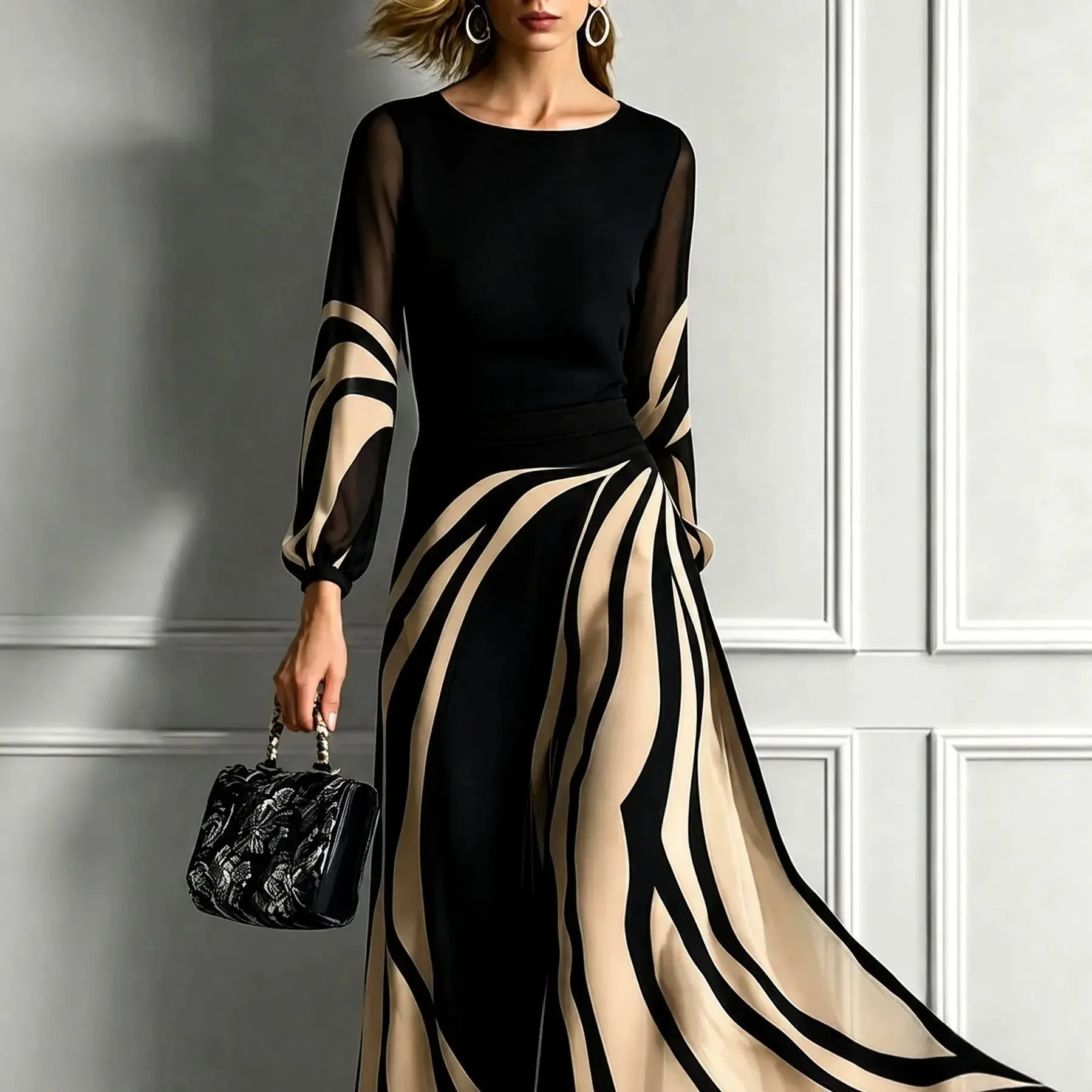 Women Color Block Striped Maxi Dress Round Neck Patchwork Chffion Mesh Long Sleeve Flowy A-Line Dress Vintage Chic Holiday Dress