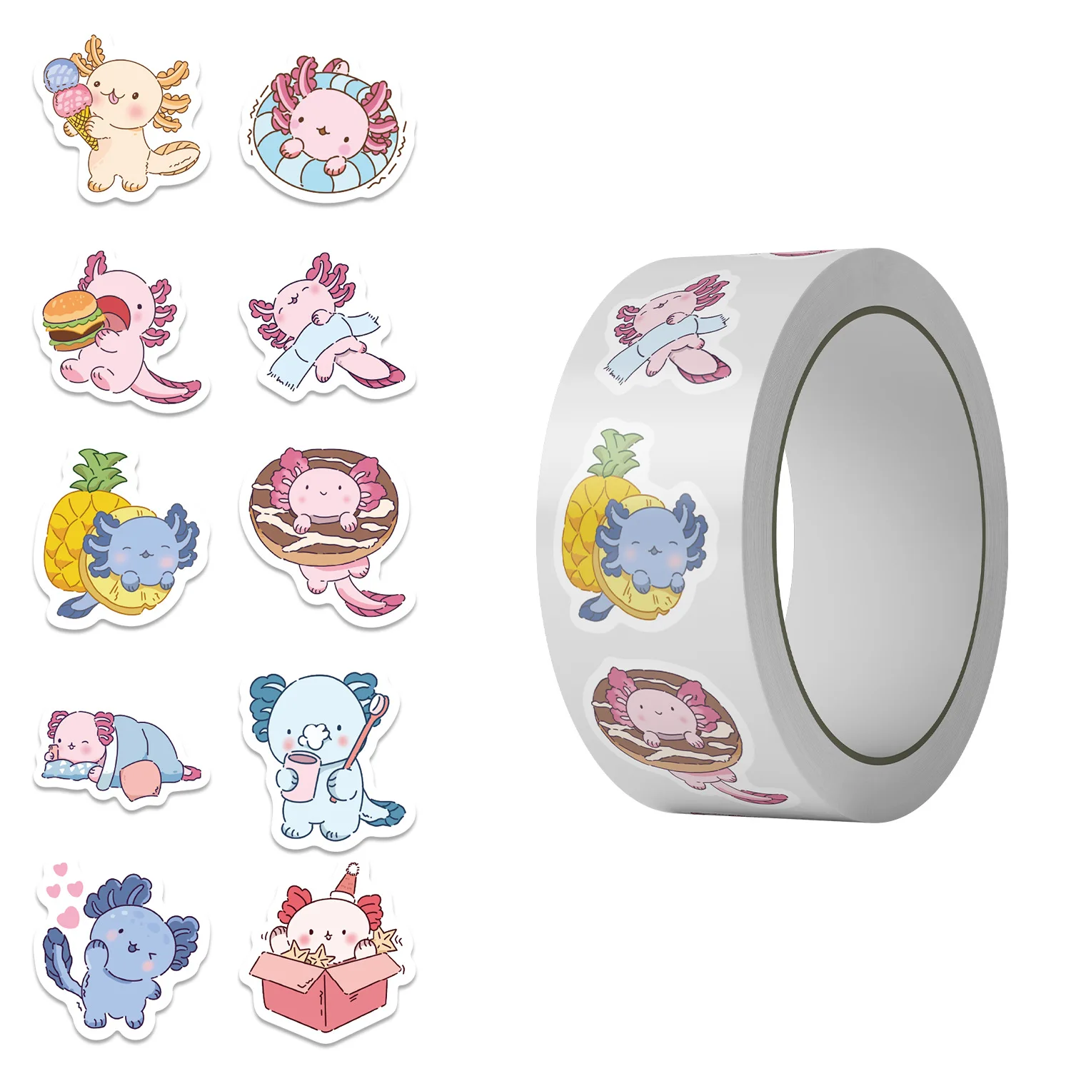 500Pcs/Set Cute Axolotl Stickers Roll - 10 Designs Kawaii Cartoon Sea Monster Decals for Kids Water Bottle Laptop DIY Crafts
