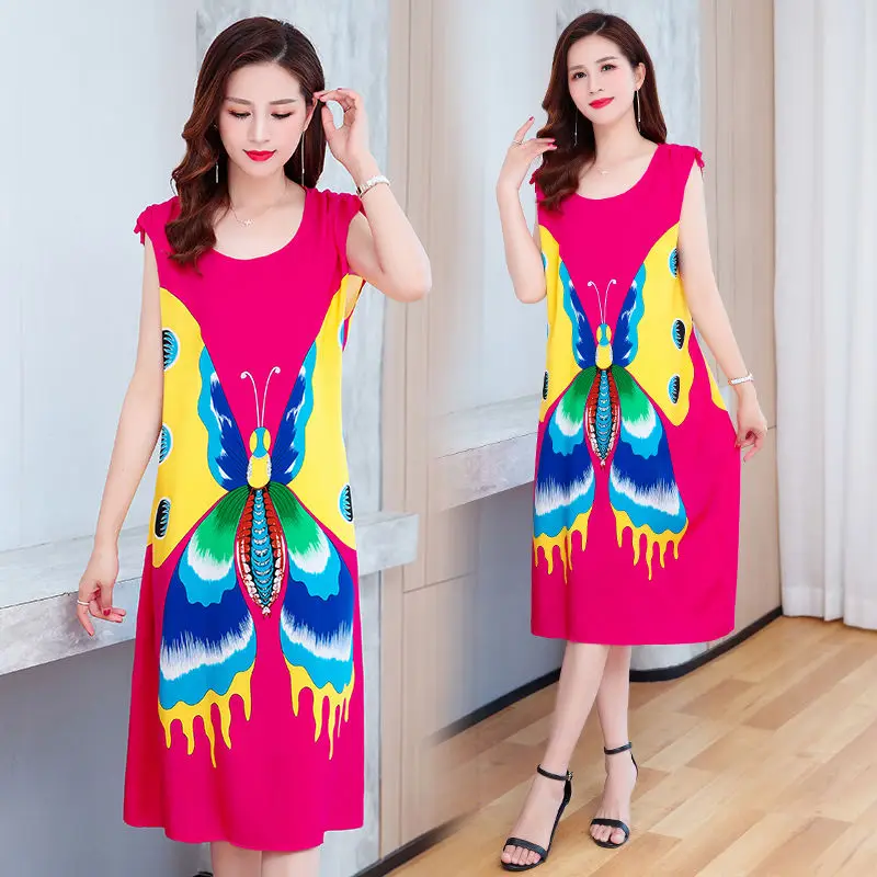 Women's Pajamas Peacock Lotus Butterfly Printed Sleeveless Nightdress