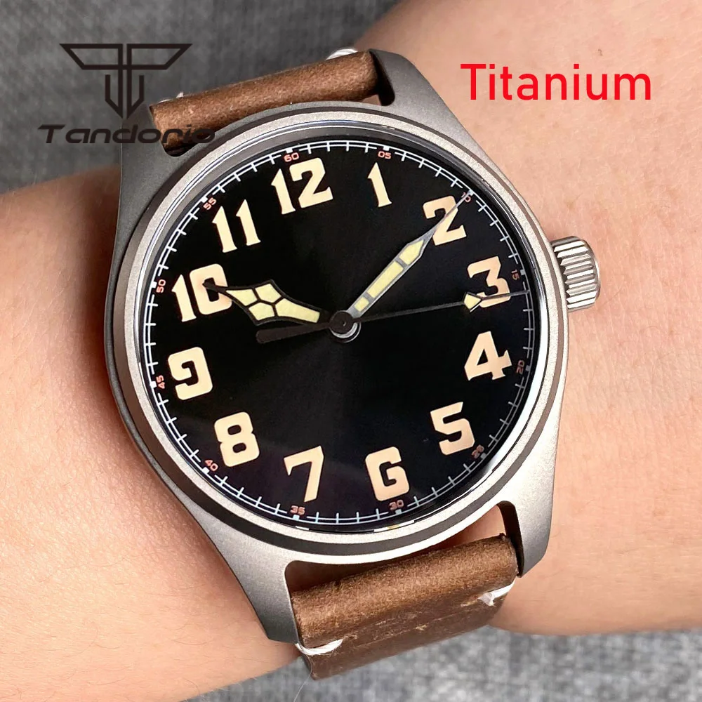 Tandorio Titanium Case Sapphire Glass Light Weight 39mm Pilot 200m Automatic Dive Watch for Men Screw Crown Leather Luminous