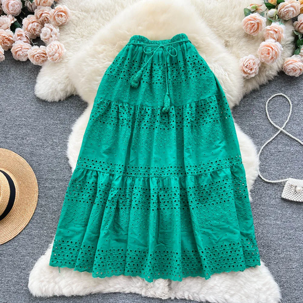 Fashion Temperament Hollow Lace Embroidered Half Skirt Summer New Women's High Waist Slimming Sweet Vacation Style Fairy Skits