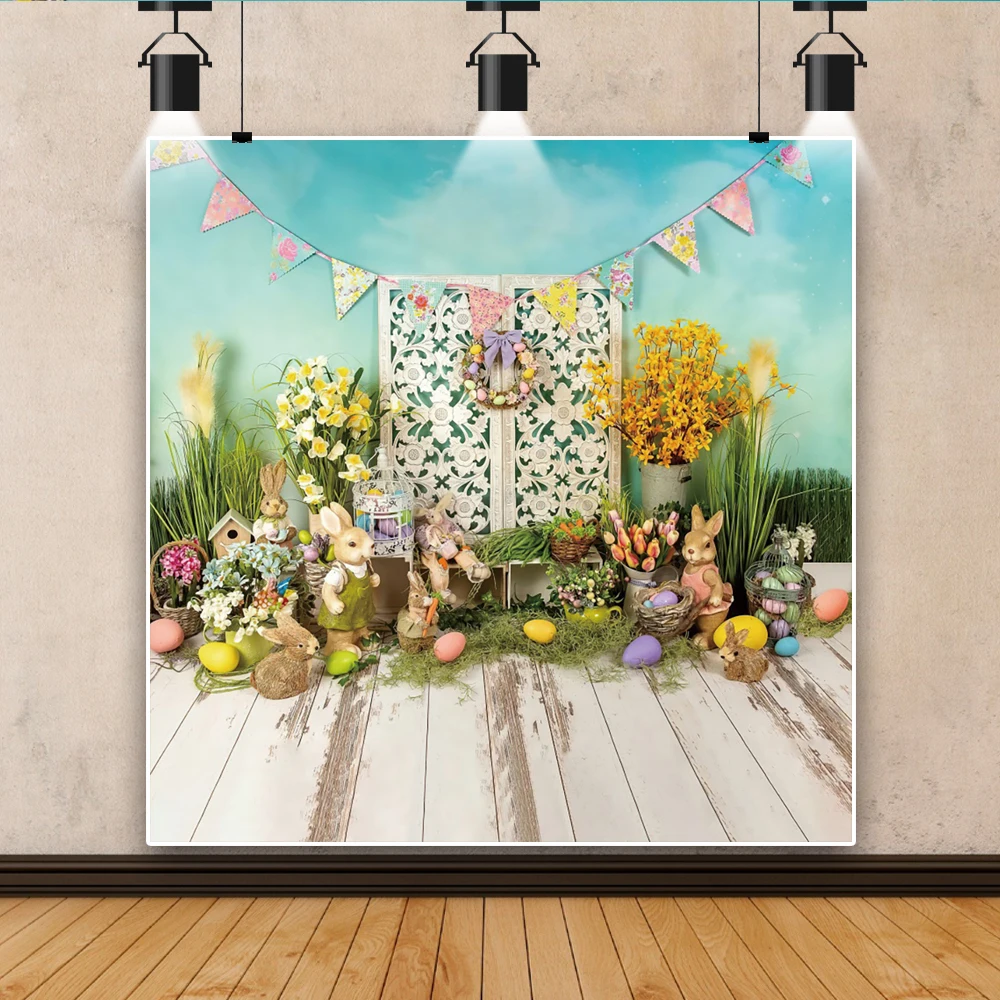 Fondo de Pascua de primavera para fotografía conejito huevos flor Baby Shower fiesta de cumpleaños fondo de fotografía Interior