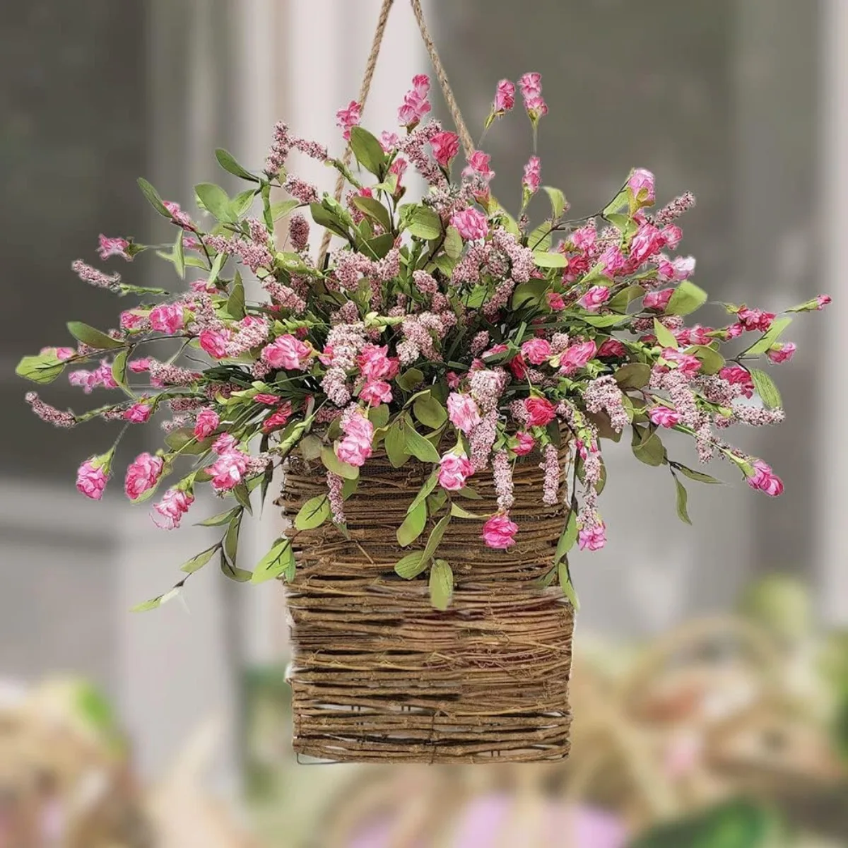 1 Stück künstliche Wildblumen Tür hängenden Korbkranz, schöner künstlicher Frühlings-Sommerkranz Willkommensschild Korb für