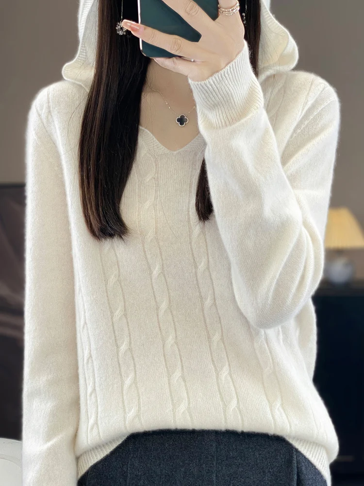 100% Pure Wool Hoodie Ladies Hooded Collar Blouse Knit Pullover Fashion Loose Twist Jacket Sweater Autumn Winter New Base Shirt