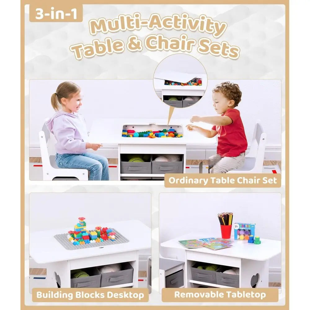 Gray 2-in-1 Kids Table with 2 Chairs and Storage, Building Blocks Compatible Activity Set for Boys & Girls