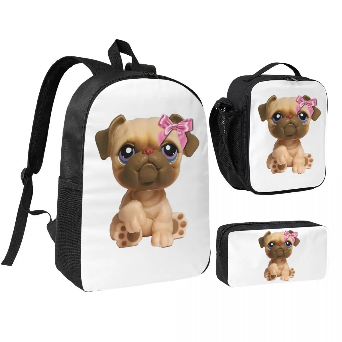 Coquette Littlest Pet Shop LPS Bulldog 451 Backpack Student BookBag School Bag Shoulder Bags 3ps Insulated Lunch Bag Pencil Case