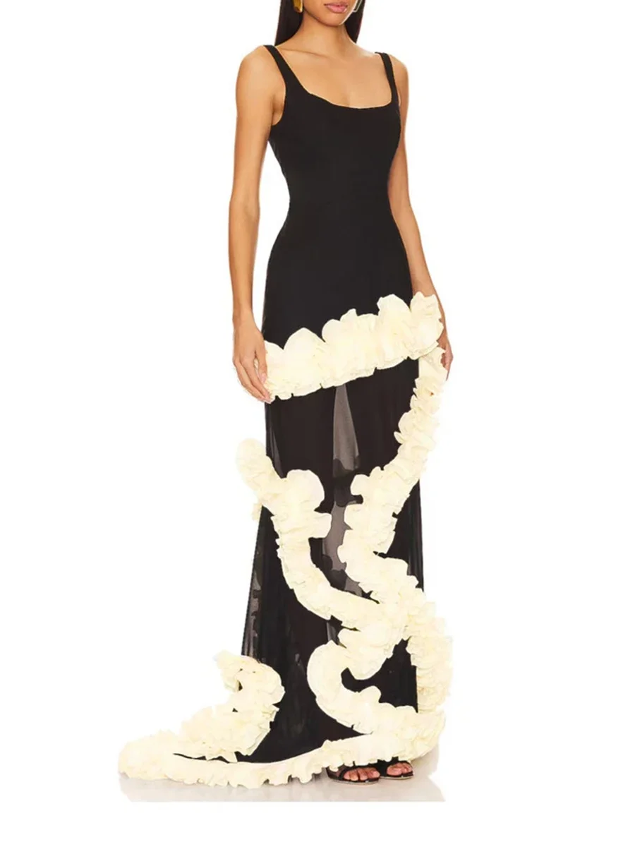 Women Round Neck Sleeveless Sheer Fashion Dress Female New Hit Color Slimming Spliced Fungus Folds Sexy Dresses