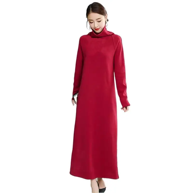 

Hot Sale Autumn Winter Turtleneck Cotton Long Dress Women A-Line Loose Slim Thicken Maxi Dress Vestidos elegantes para mujer