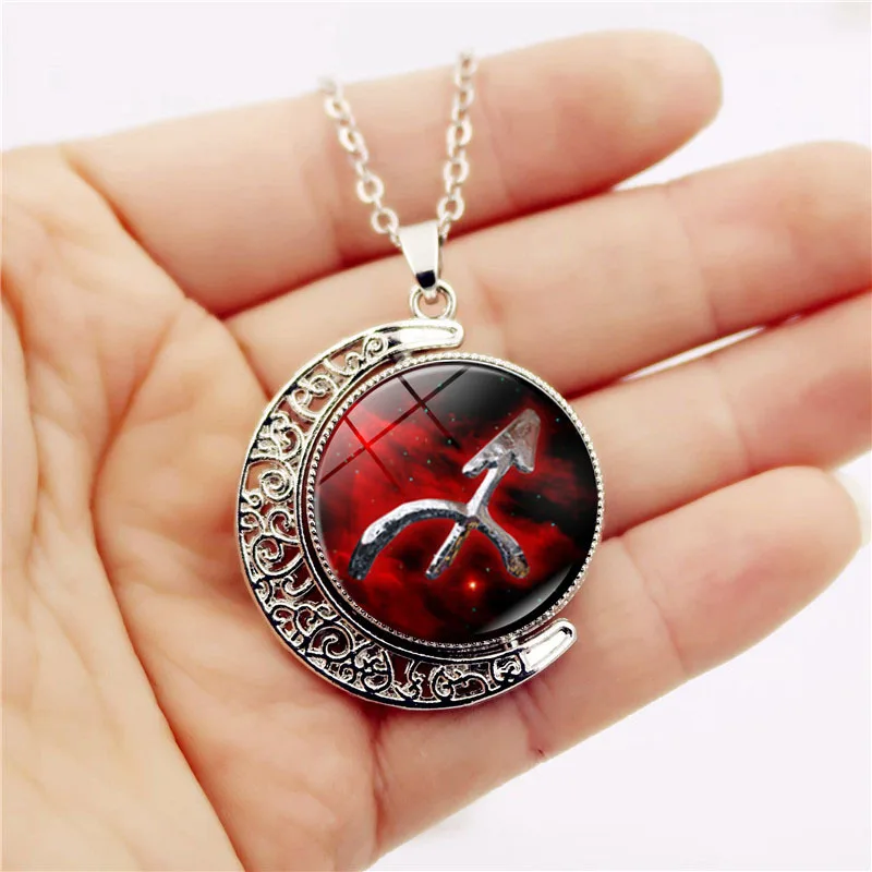 Vintage 12 Zodiac Signs Double Sided Rotating Crescent Moon Pendant Necklace Red Galaxy Style Fashion Jewelry Gift For Women Men