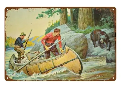 Philip R. Goodwin men in canoe black bear metal tin sign wall art prints