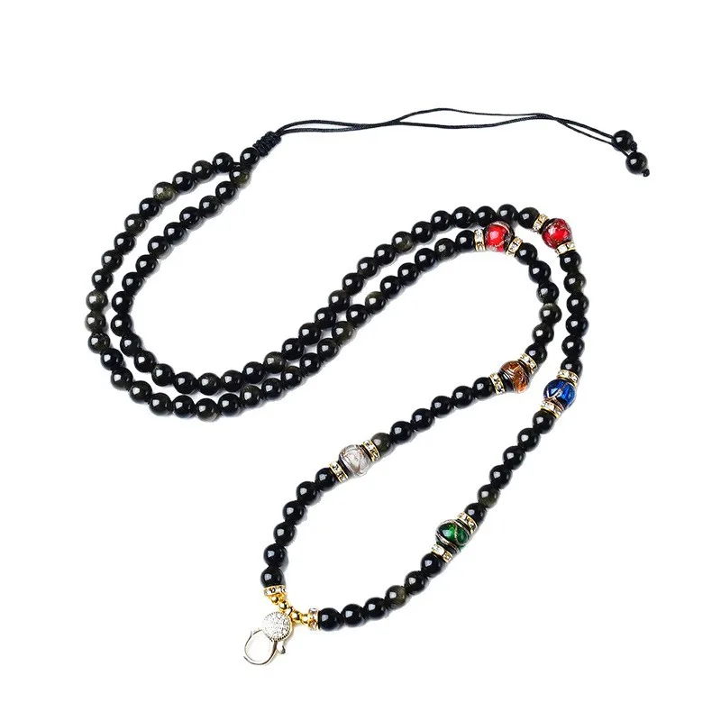 Chinese Style Lucky Gold Sheen Obsidian Beaded Necklace 6mm Beads Adjustable Quick Release Clasp For Thangka Amulet Buddha Penda view 5