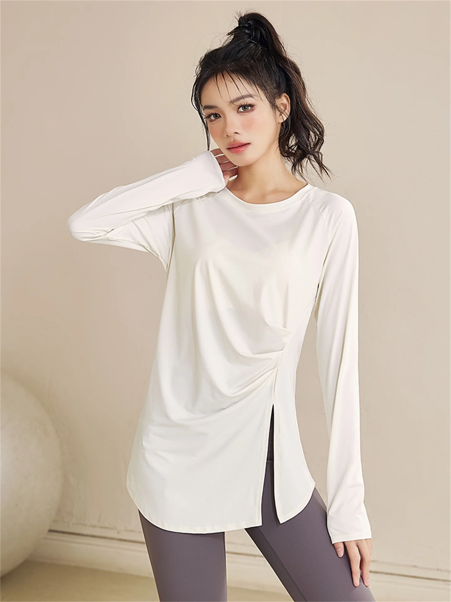 

Women's Yoga Fitn Top Long Sve Running Sportswear Loose Waist Concealing Hip Slimming Split Qui Dry round Ne T-irt