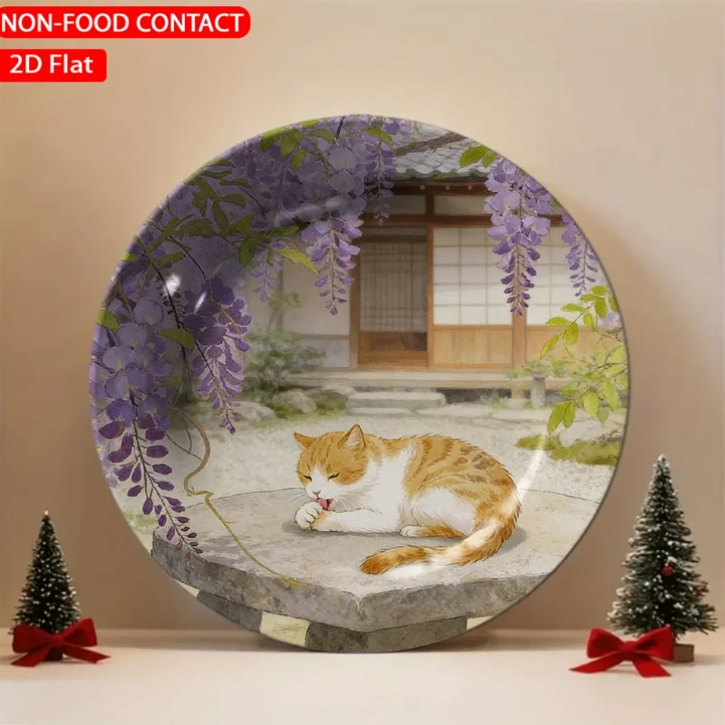 1pc Japanese Wisteria Cat Orange Ceramic Plate Non-Food Contact, Home Desk Ornaments, Living Room And Bedroom Decorations,