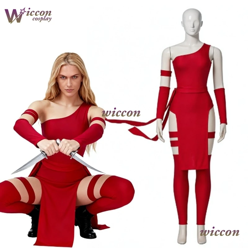 

Wuhuu Elektra Natchios Cosplay Costume Women's Sexy Red Battle Suit Full Set With Bandana Halloween Party Superhero Outfits