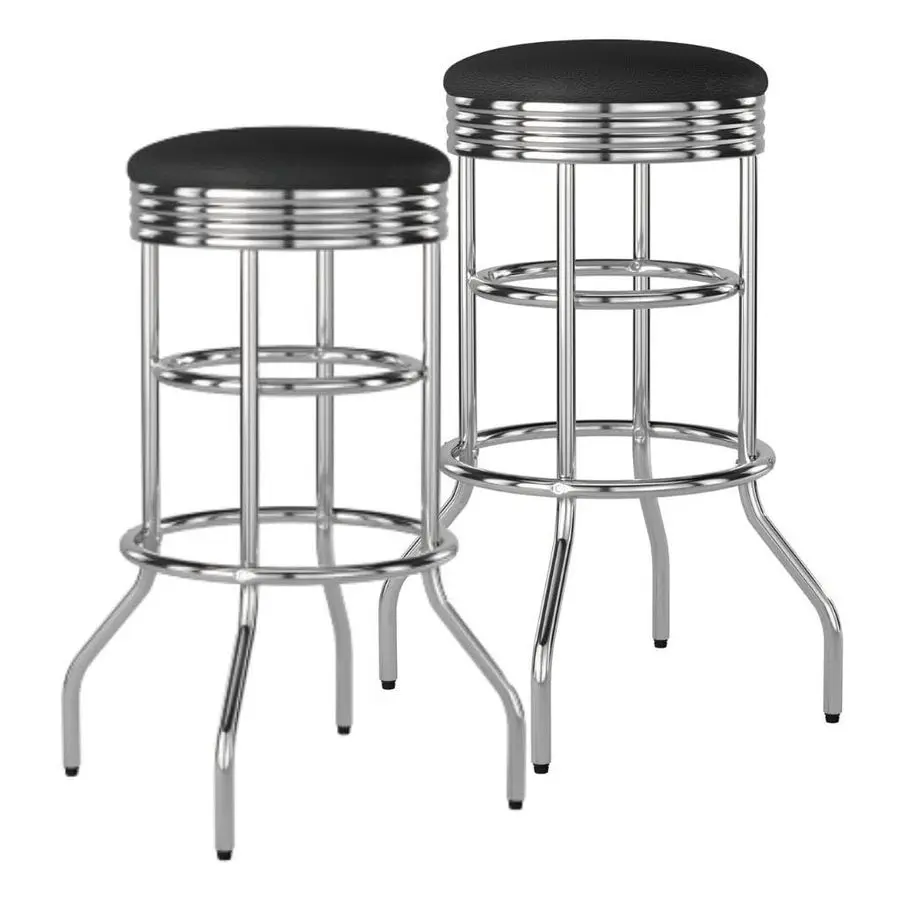 Heavy Duty 30Inch Backless Swivel Bar Stool for Kitchen, Garage, or Workshop, Chrome Finish with Faux Leather Seat, 2 Pack, Blac