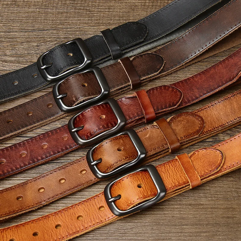 Retro washed pleated leather unisex genuine first layer cowhide versatile casual jeans belt trendy
