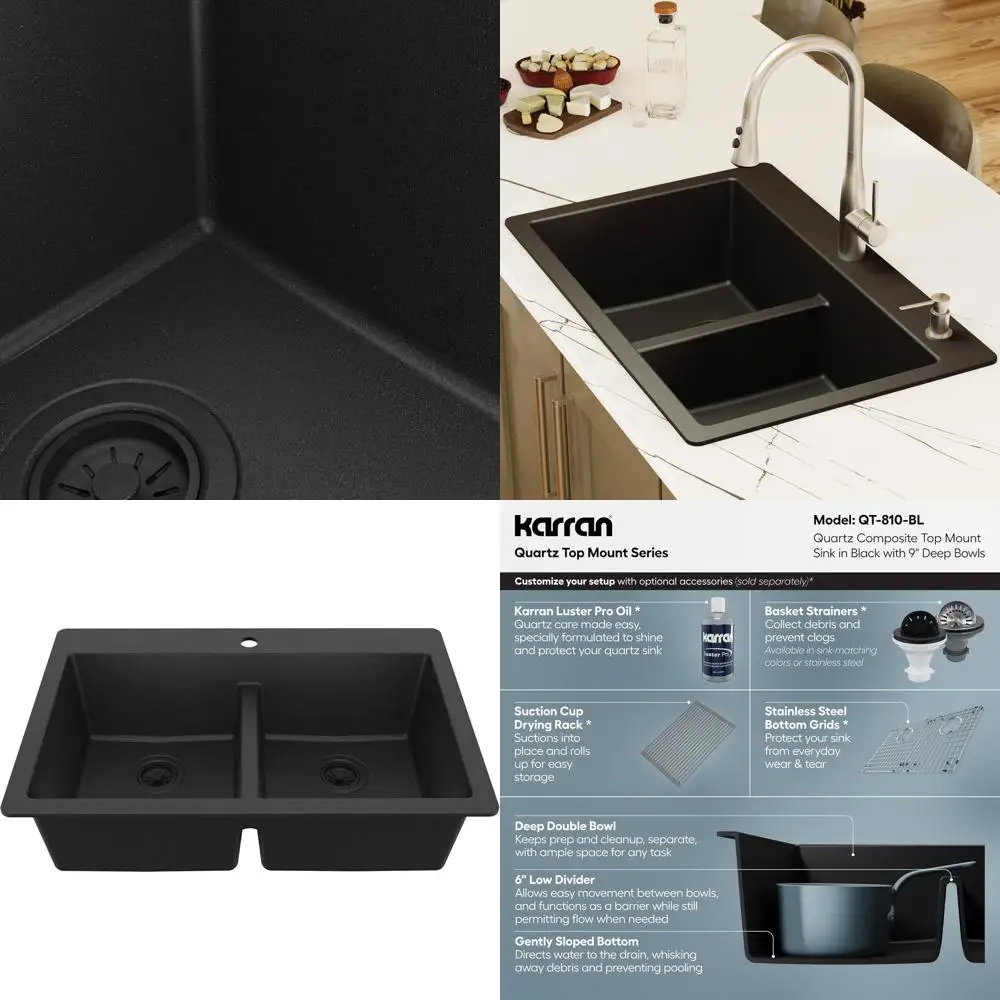 

33" Black Quartz Composite Double Bowl Kitchen Sink – Top Mount Drop-In 50/50 Low Divider, 80% Natural Quartz, 535° Heat Resista