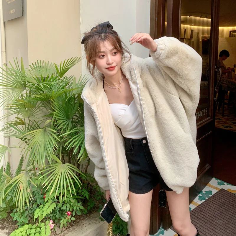 2023 Autumn/Winter New Otter Rabbit Hair Imitation Fur Coat for Women Thickened Mid Length Hooded Loose Lamb Hair Coat Trendy