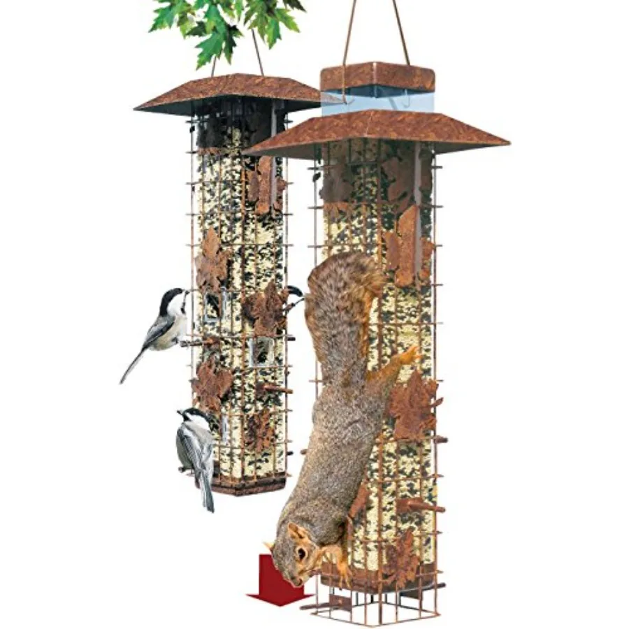 

Squirrel Be Gone Caged Bird Feeder [Set of 2] for outdoor use powder-coated steel black squirrel-proof design with adjustable t