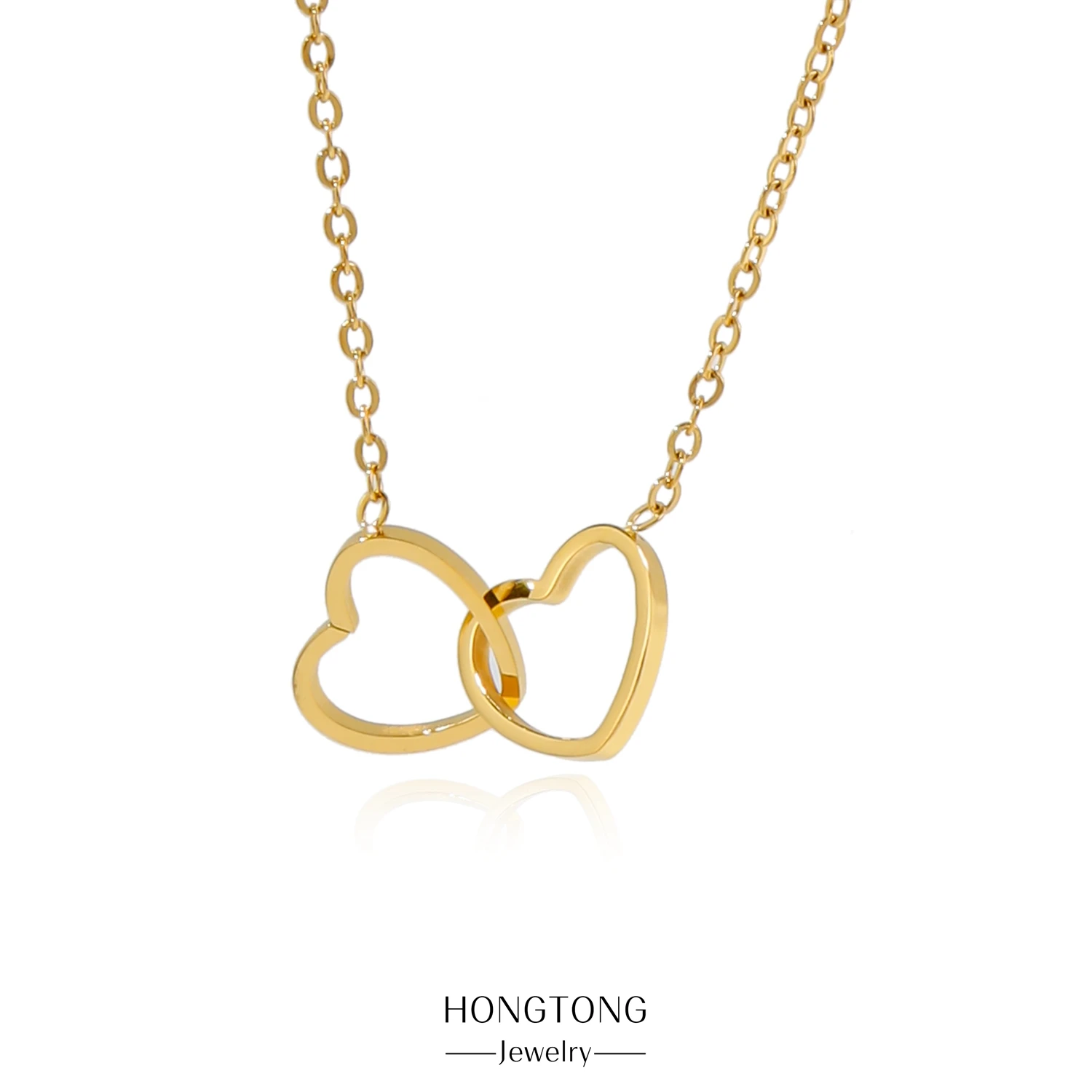 HONGTONG Double Love Lock Necklace For Women High Quality Stainless Steel Jewelry 18K Gold Plated Charm Accessories Wholesale