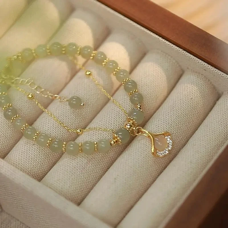 Hetian jade bracelet niche design gift for girls light luxury beaded ginkgo biloba