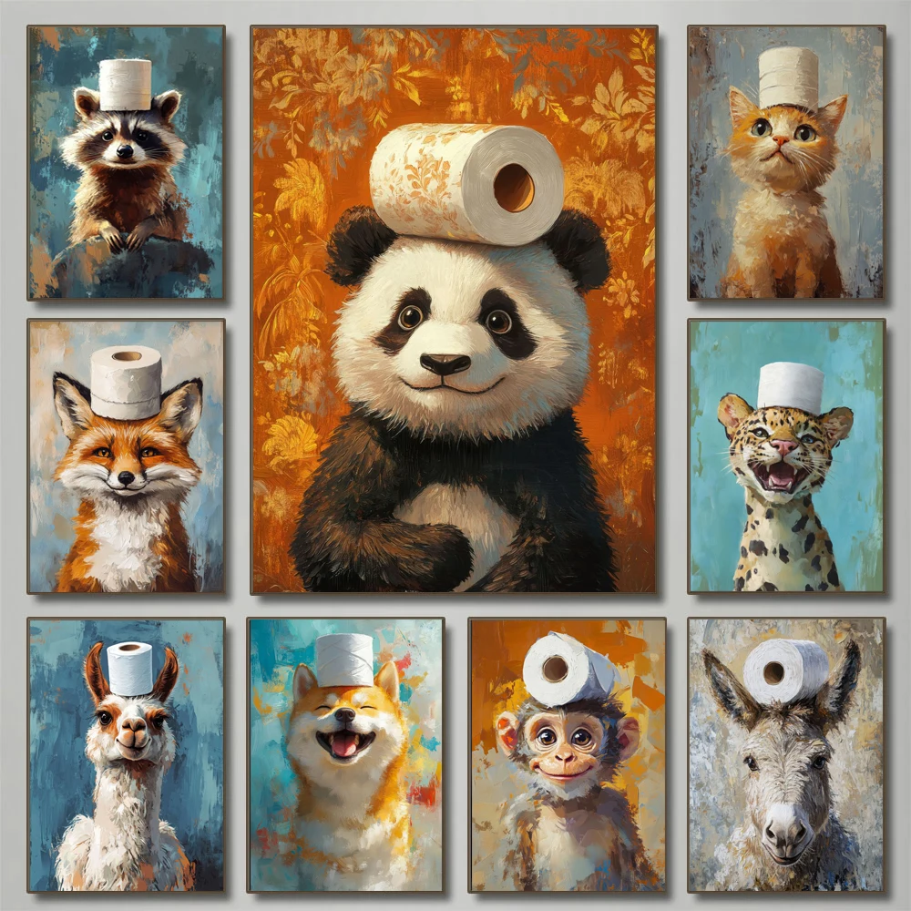 Cartoon Cute Funny Animals with Toilet Paper on Their Heads Poster Canvas Painting Prints Home Room Bathroom Art Decoration