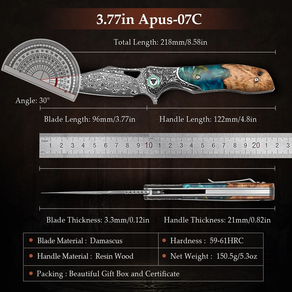 TRIVISA Apus-07C Coltello EDC tascabile pieghevole per uomo, lama in acciaio di Damasco Manico in legno in resina Multiutensile tattico per sopravvivenza all'aperto