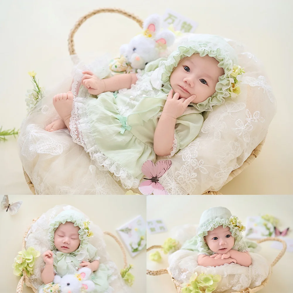 spring-floral-style-newborn-photography-props-baby-girl-green-lace-dress-bonnet-photo-outfit-decorative-props-for-studio-session