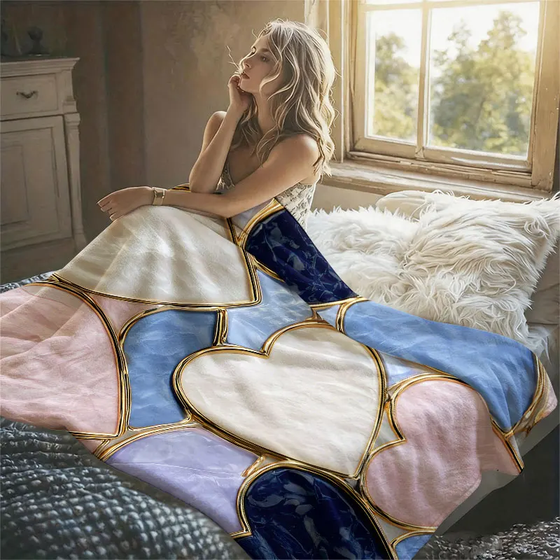 Gold Frame Heart Mosaic Flannel Blanket Warm Soft Halloween Christmas Decorative Couch Warm Cozy All-Season Gift