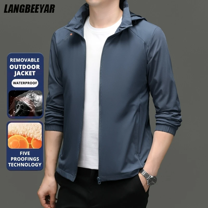 

High End Anti Fouling Hooded Stand Collar Sport Detachable Cap Autumn Men Outdoor Jacket Windbreaker Coats Windproof Outwear