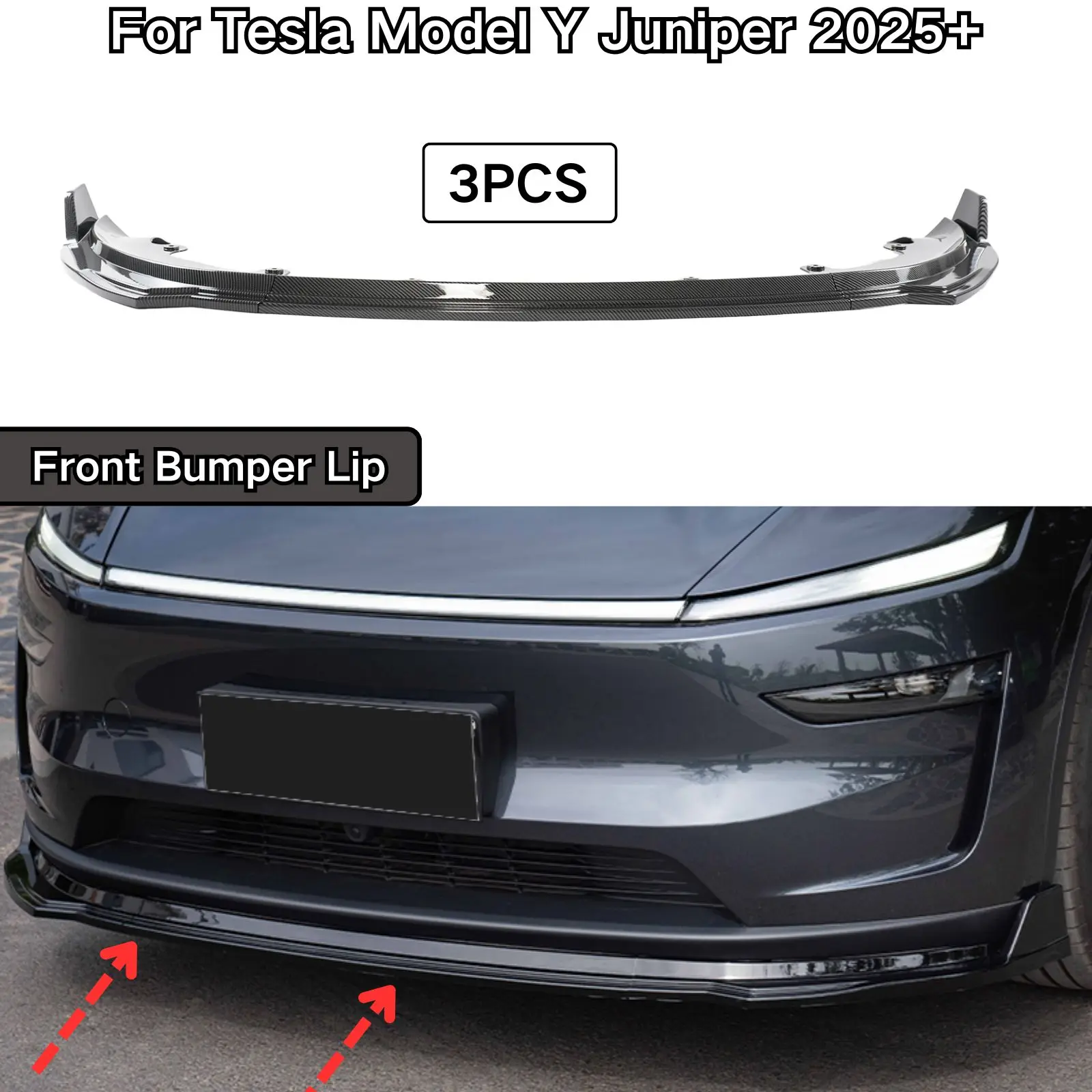

Для Tesla Model Y Juniper 2025+ передний бампер, 3 шт., спойлер, сплиттер, глянцевый черный карбоновый принт, автомобильные аксессуары, комплект кузова