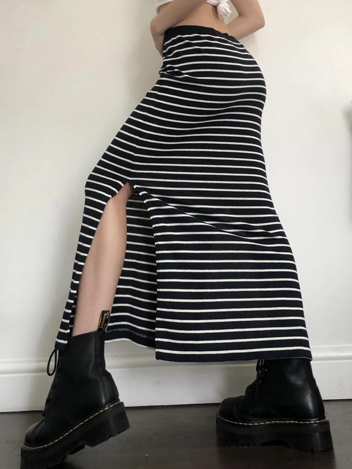 Rockmore Stripes Contrast Long Skirts Women y2k Harajuku Basic Side Slit Straight Skirts Casual Korean Autumn femme Clothing