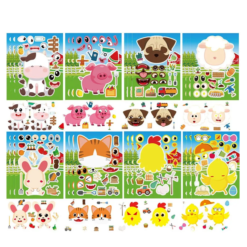 

Children Puzzle Sticker DIY Assemble Face Make Your Own Farm Animal Stickers Kids Boys Girls Party Toys Birthday Decoration Gift