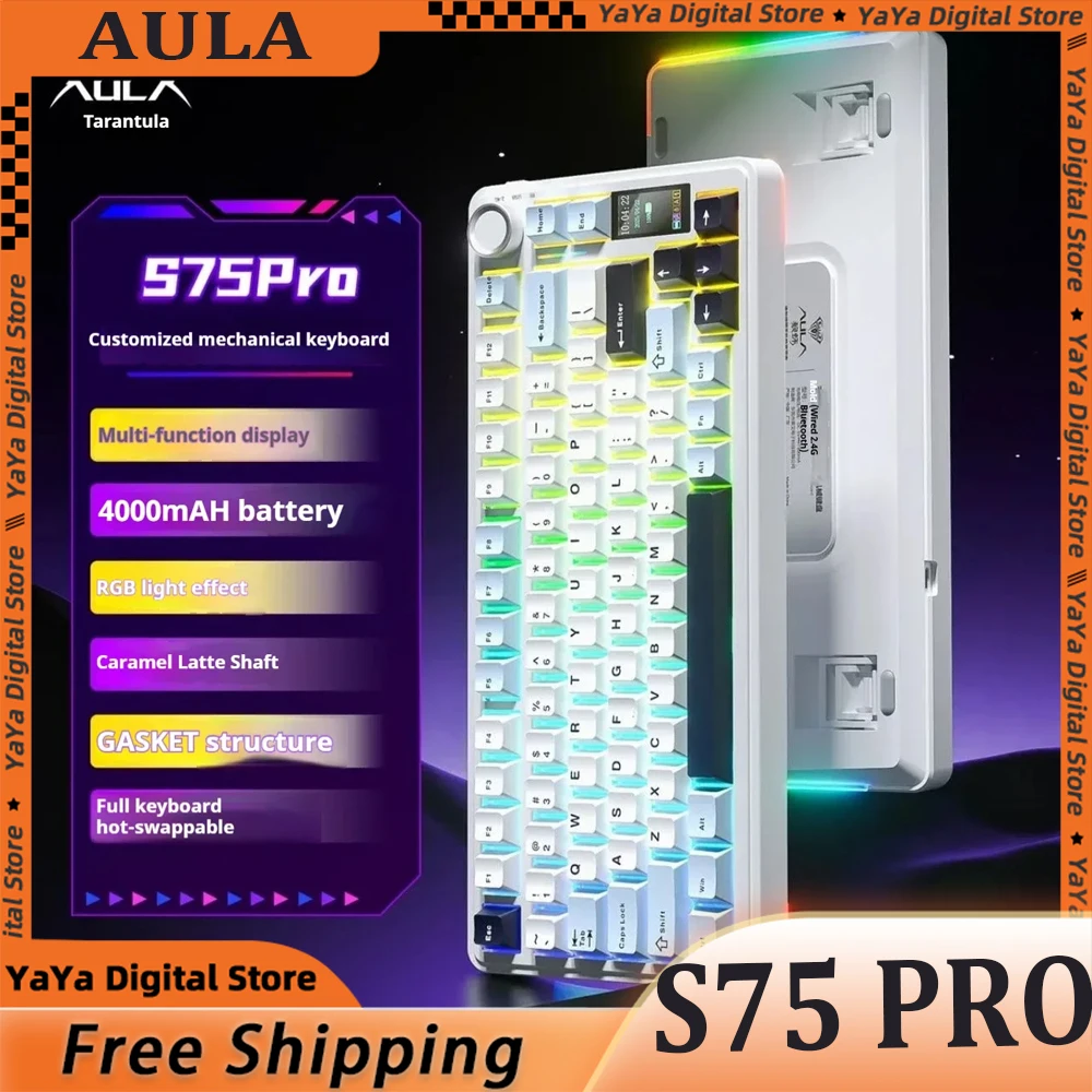 

Механическая клавиатура AULA S75 Pro, трехрежимная, 4000 мАч, трехрежимная RGB PBT игровая клавиатура, прокладка, геймерские клавиатуры, игрок, подарок