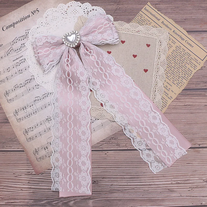 Lace Ribbon Neck Tie Lolita Chic Jirai Kei Pink Black Bow Tie Women\'s Big Bow Love Pearl for Collared Shirt Jfashion Accessories