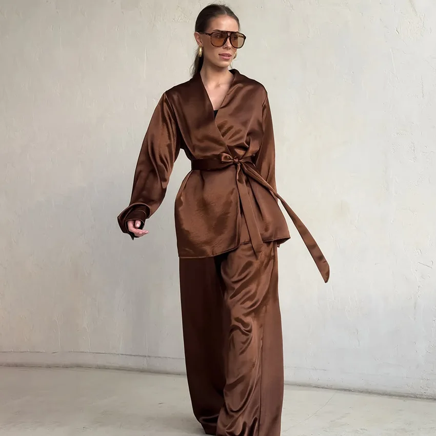 Female 2PCS Pijamas Set Loungewear Long Sleeve Cardigan Lace Up Trousers Suit Luxury Silky Satin Homewear Lingerie Sleepwear