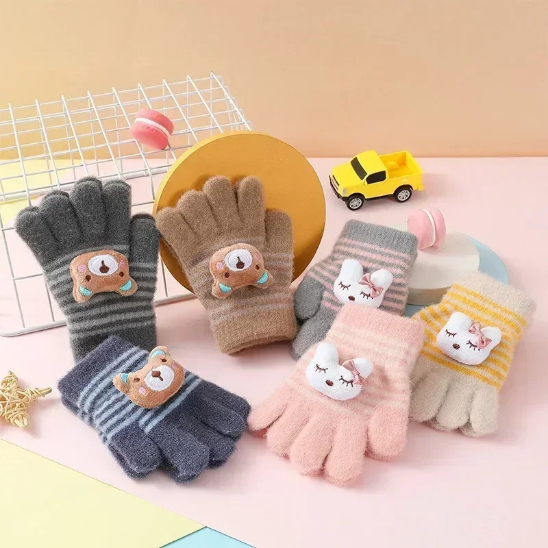 1Pairs Cute Cartoon Rabbit Bear Winter Warm Kids Gloves Kindergarten Boys Girls Five Finger Knitted Gloves for 3 To 6 Years