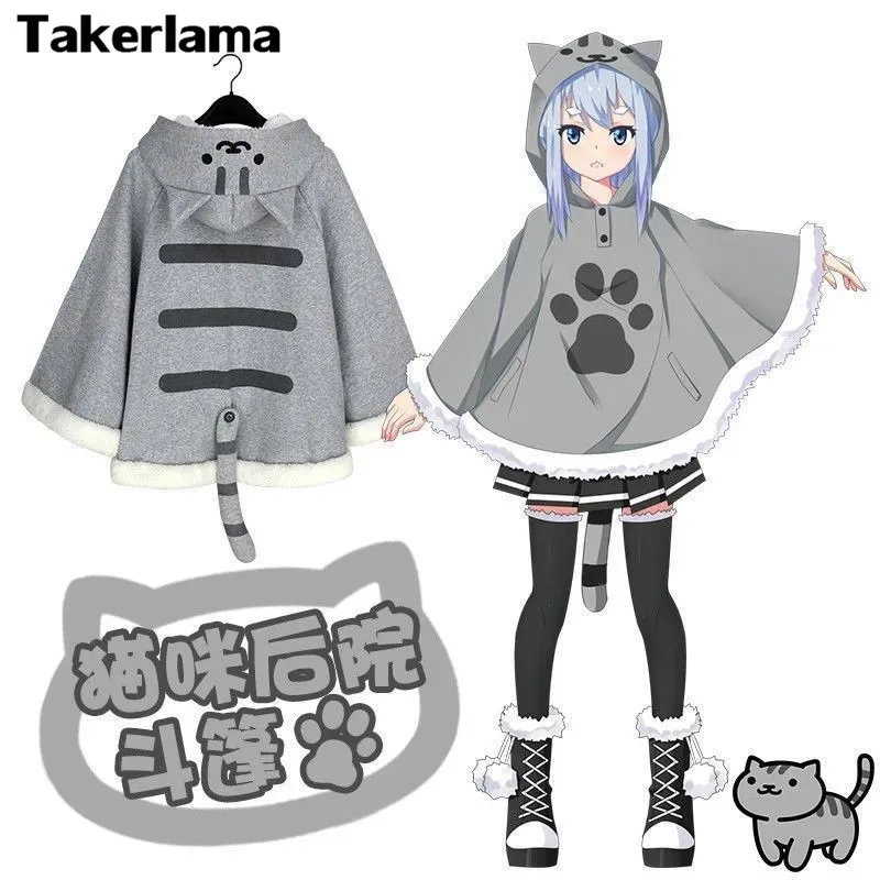 qq34Takerlama Game Neko Atsume Cloak Harajuku Cute Cat Backyard Lolita Girl Hoodie Coat Warm Cape Flannel Hooded Sweatershirts view 2