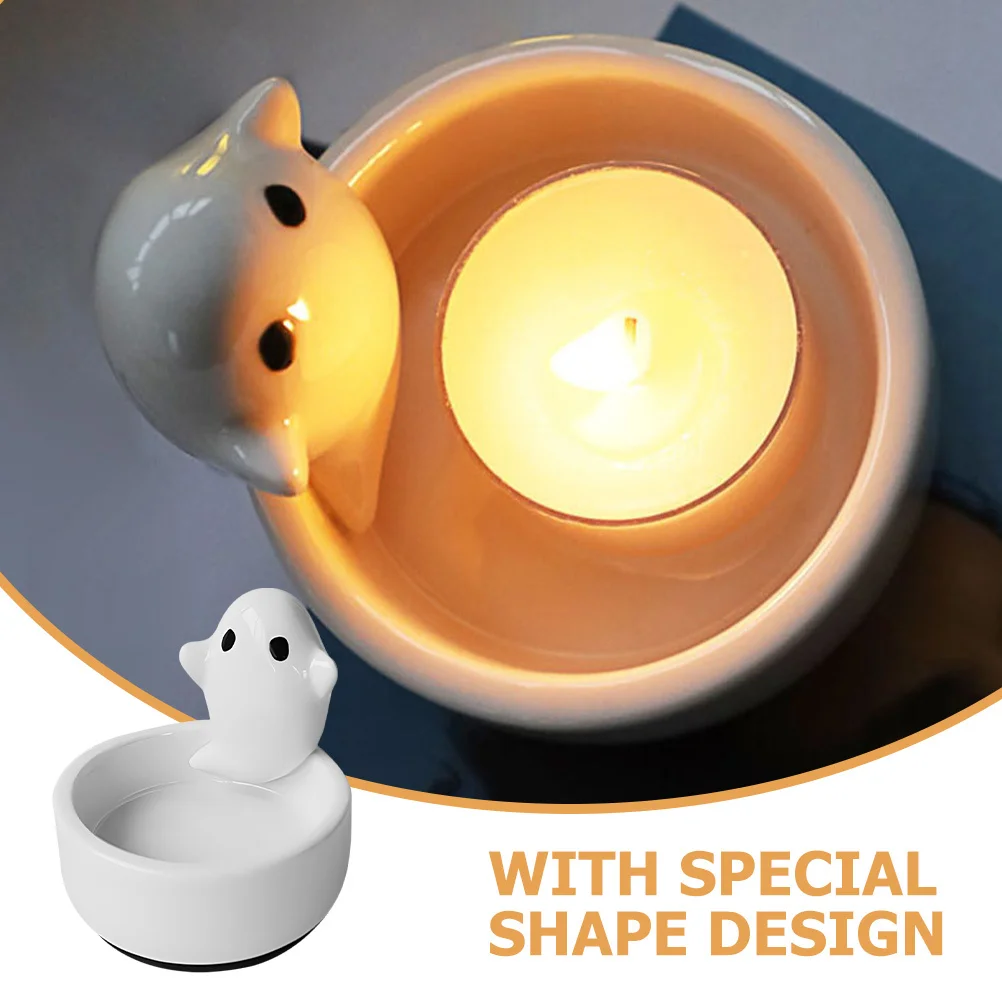 

Halloween Ceramic Holder Ghost Shape Candlestick Decorative Stand Desktop Party Ornament Ghost Candleholder