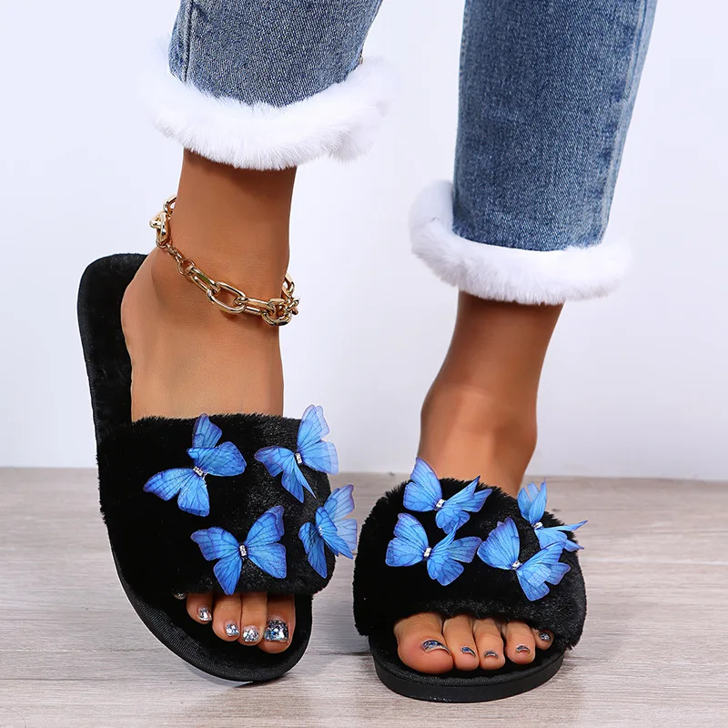 Fashionable Autumn and Winter Indoor Warm Plush Slippers, Cotton Slippers for Women's Home, Cute Plush Butterfly Floor Slippers