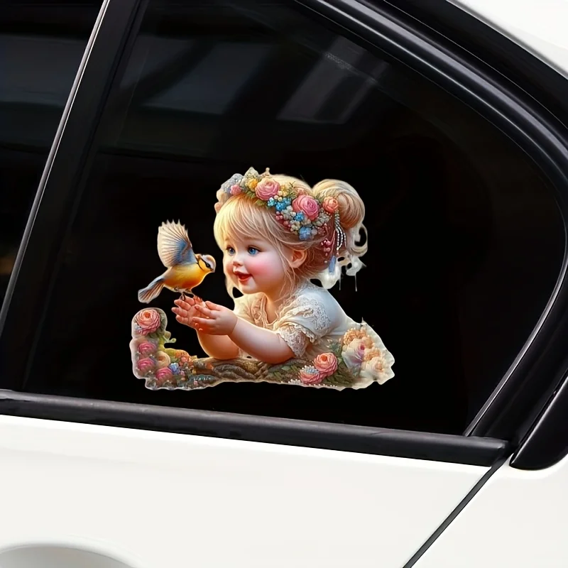 2D Flat Charming Girl With Bird Vinyl Sticker, Waterproof Scratch‑Resistant Decal for Motorcycle Laptop Car Decor, Holiday Gift