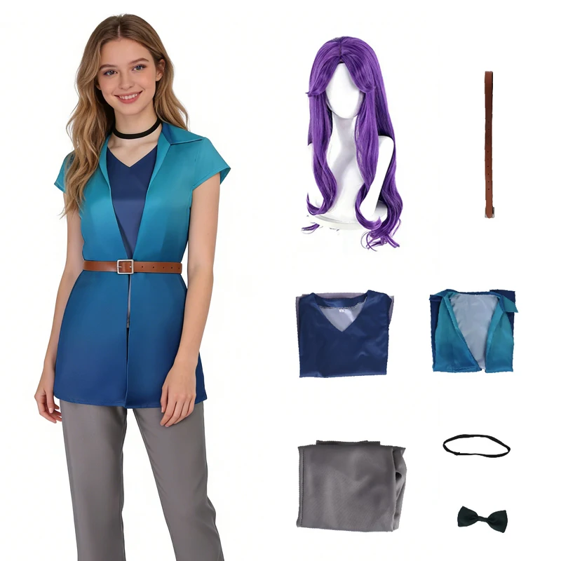 

Stardew Valley Abigail Cosplay Costume Game Uniform Blue Top Grey Pants Full Set with 35cm Purple Wig Bow for Women Halloween