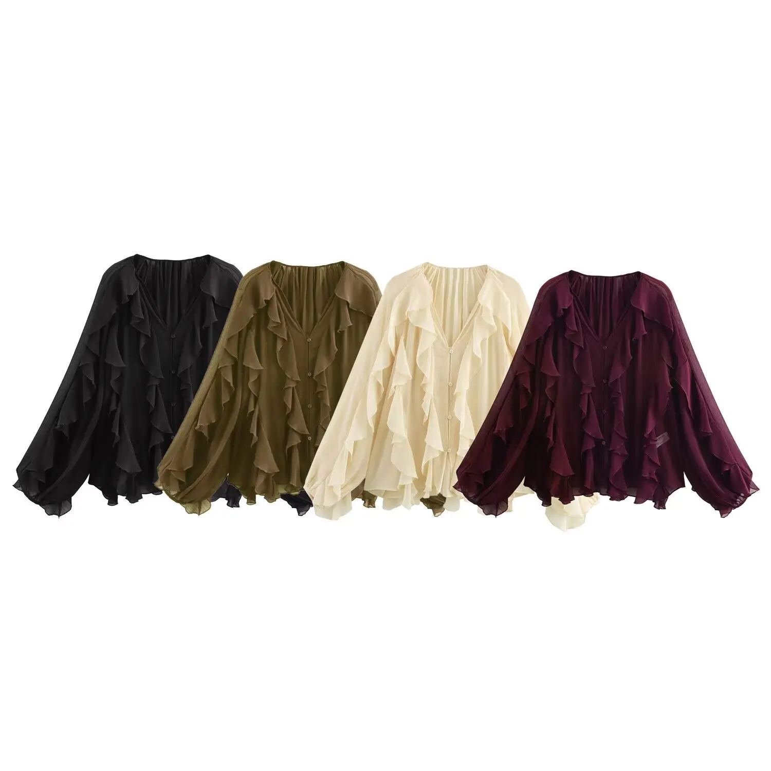 JNLEAOG Lente Nieuwe Dames Faion Coffee Series Gelaagd Versierd irt Loose Fit Lang Sve V-Ne Polyester Casual irt