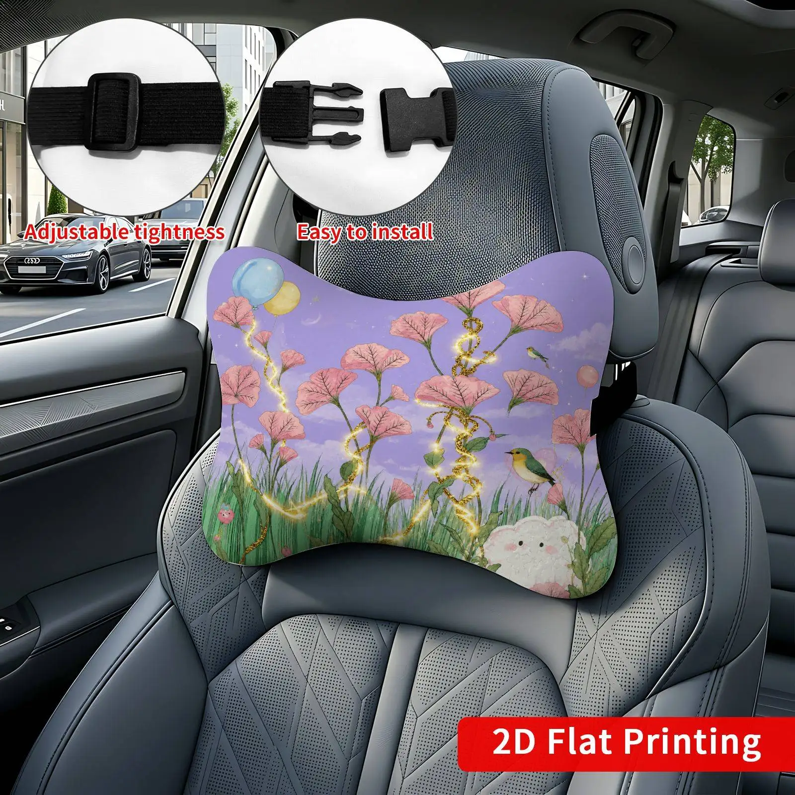 2pcs Flowersbirds Pastel Car Seat Headrest, Neck Support Cushion, Suitable For All Seasons Of Car Additions, Nature Theme, Trave