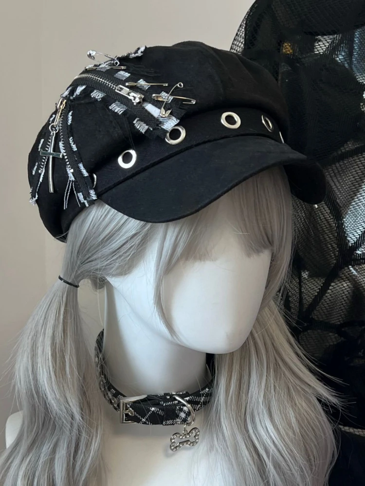 Spring Vintage Punk Gothic Y2k Bucket Hat Harajuku Patchwork Women Zipper Hats Japanese Streetwear Lolita Caps Chapeau Femme