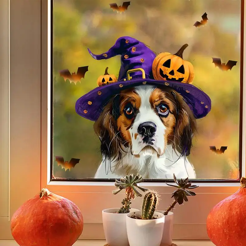 ハロウィーンの壁の装飾,楽しい漫画,犬,コウモリ,帯電防止,紫色の帽子,ステッカー,両面可視性