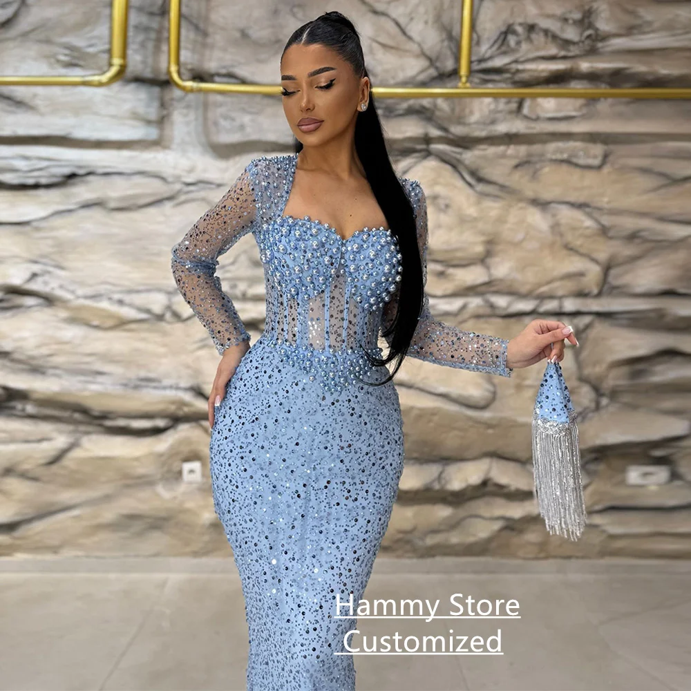 Sparkling Pearls Evening Dress Customized Long Sleeves Sweetheart See Through Floor Length Robe De Soiree Prom Gown Pageant image 2