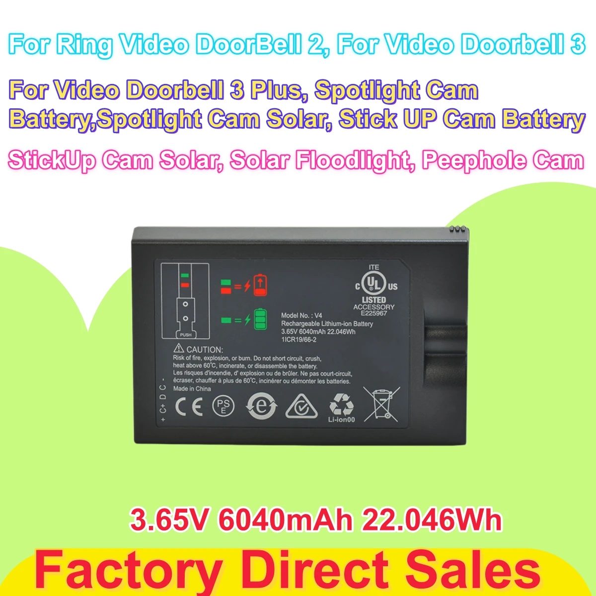 High Quality V4 Battery for Ring Video Doorbell 4/3/3Plus/2, Stick Up Cam, Spotlight Cam, Peephole Cam