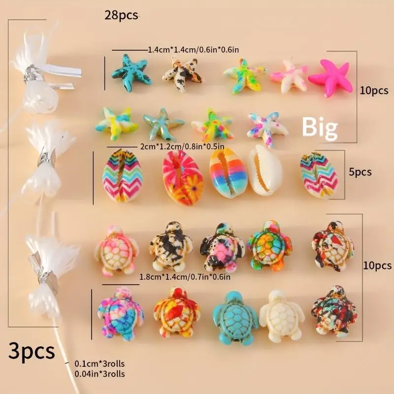 28Pcs Colorful Ocean Resin Beads Cute Turtle Starfish Shell Designs for Handmade DIY Jewelry Bracelet Making Craft